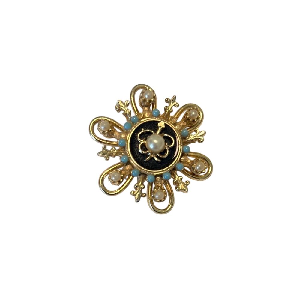 Elegant Gold tone and Black Floral Brooch